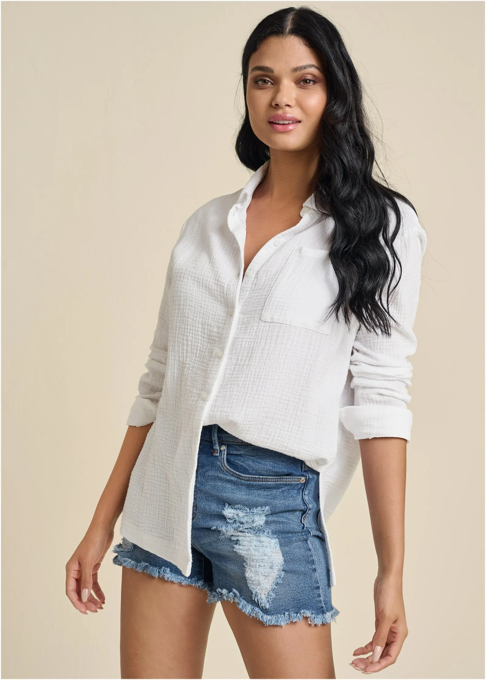 Textured Button-Down Top - White sold by VENUS