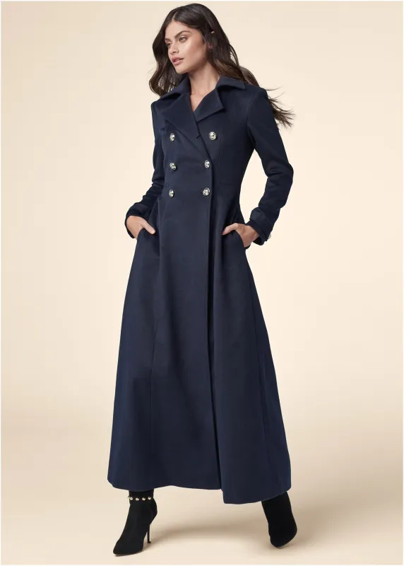 Doube Breasted Full Length Coat - Navy sold by VENUS
