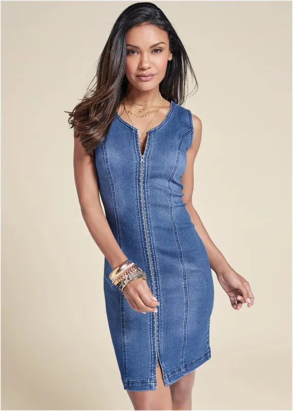 Zip Detail Denim Dress - Medium Wash sold by VENUS