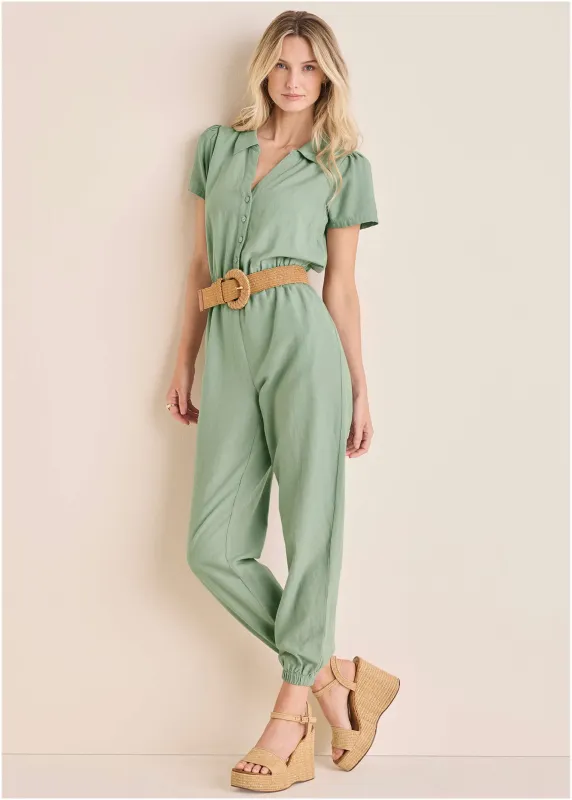 Linen Jogger Jumpsuit - Iceberg Green sold by VENUS