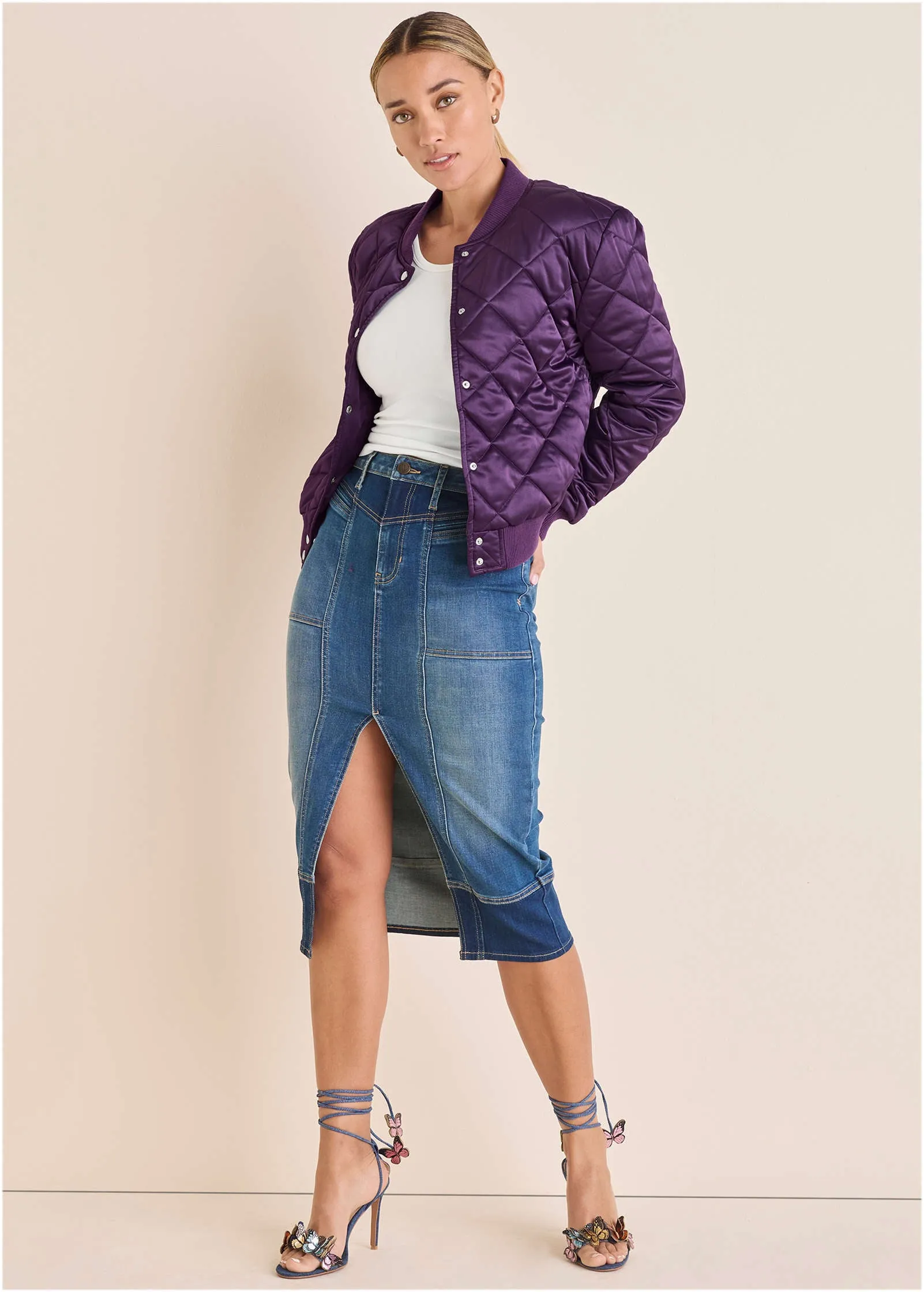 Denim Midi Skirt - Medium & Dark Wash sold by VENUS