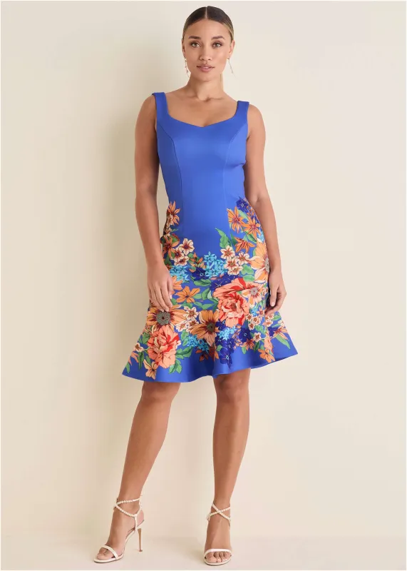 Asymmetric Ruffle Hem Dress - Voyage Bouquet Border Floral sold by VENUS