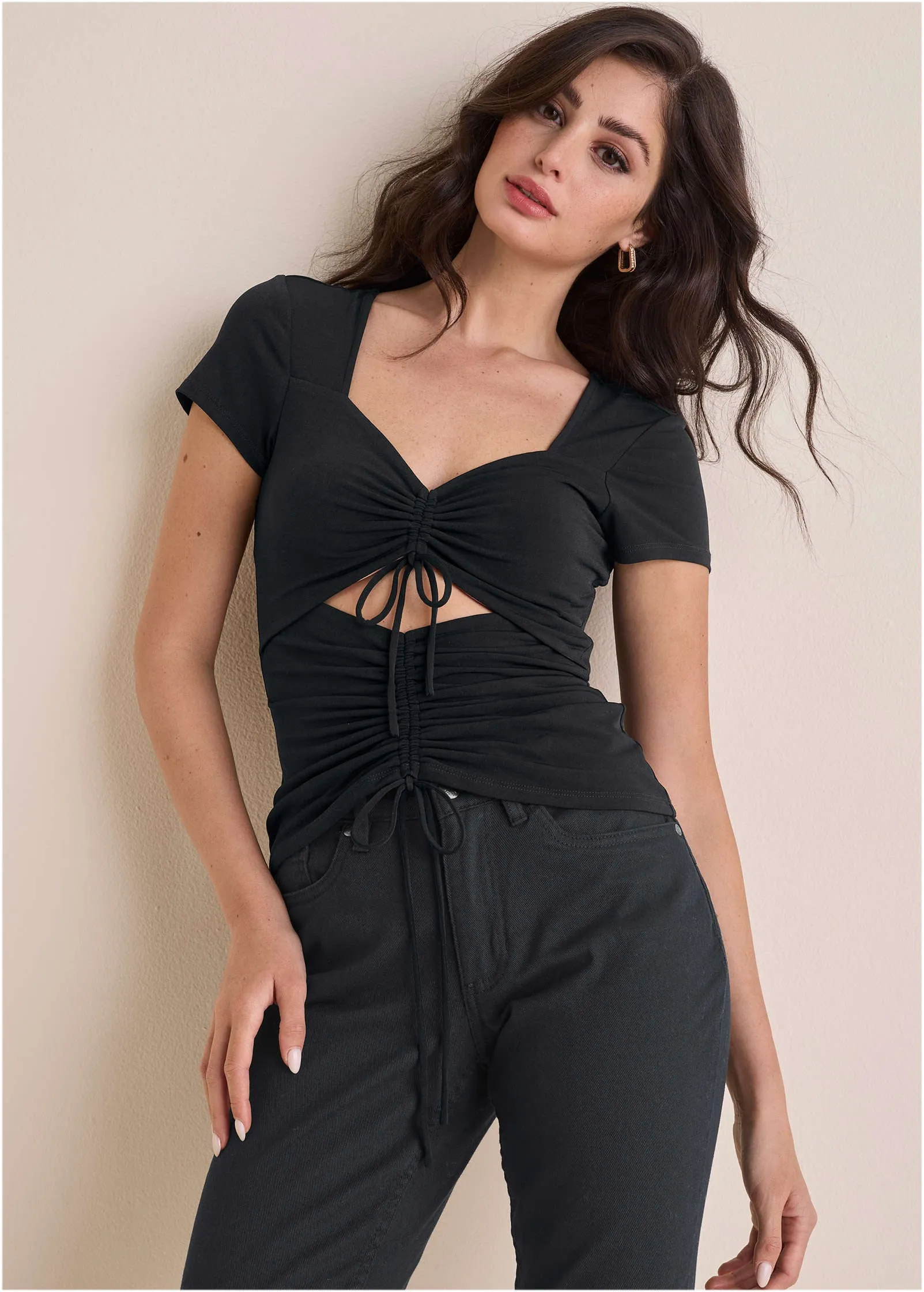 Ruched Tie-Front Top - Black sold by VENUS