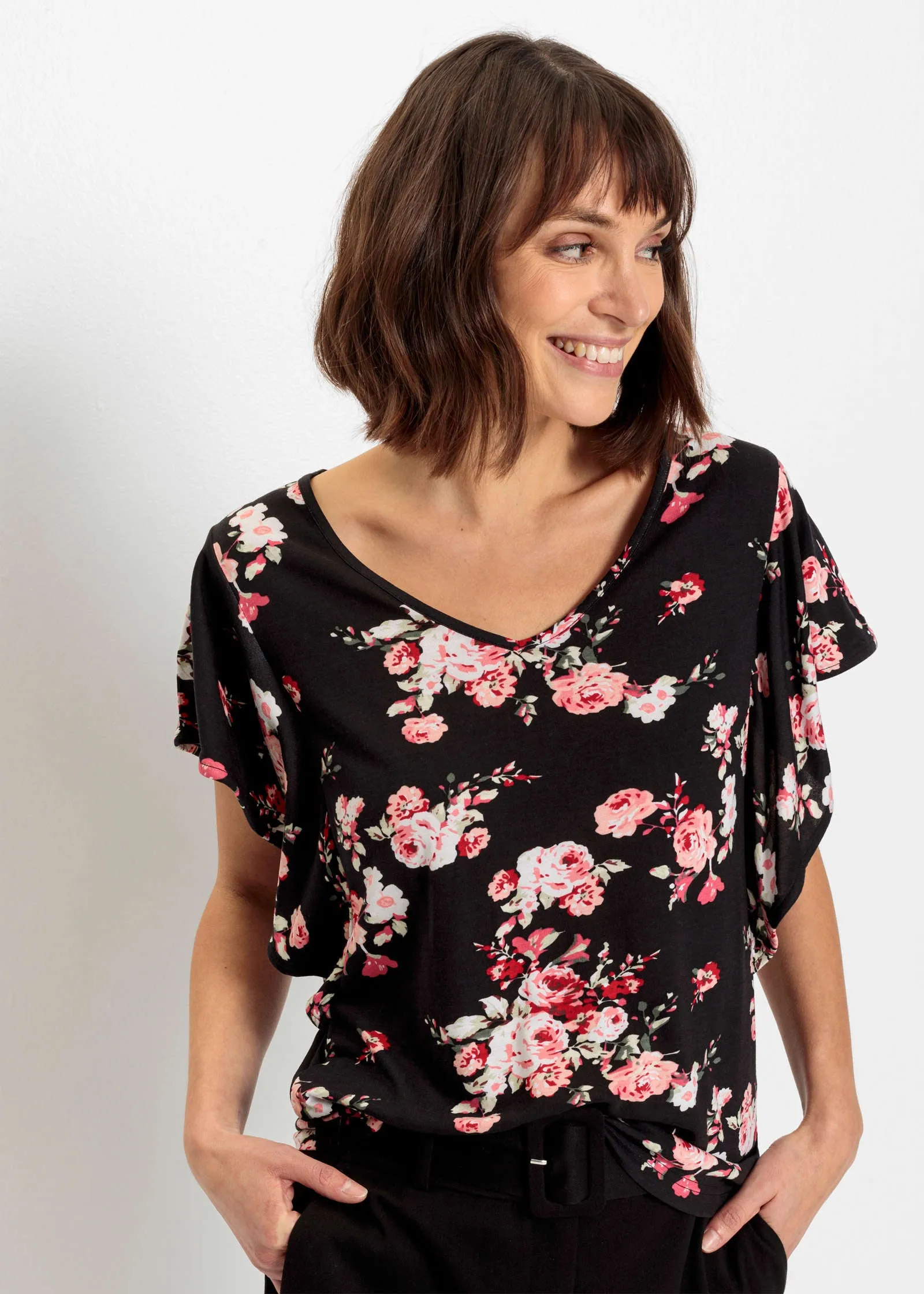 Ruffle Sleeve Floral Top - Black Multi sold by VENUS