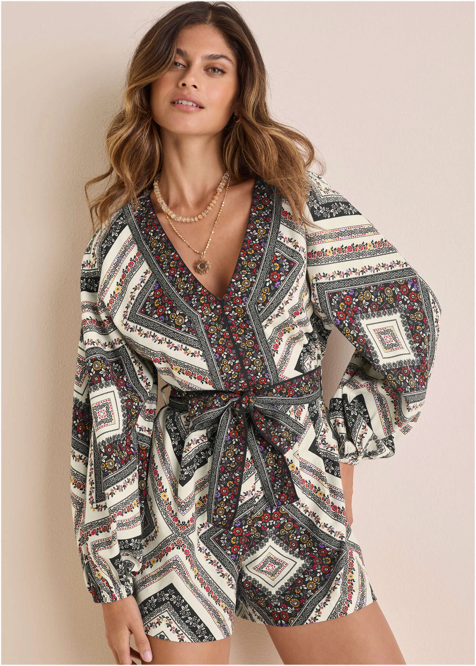 Linen Tie-Waist Romper - Summer Prairie Patchwork Floral sold by VENUS product image thumbnail 2