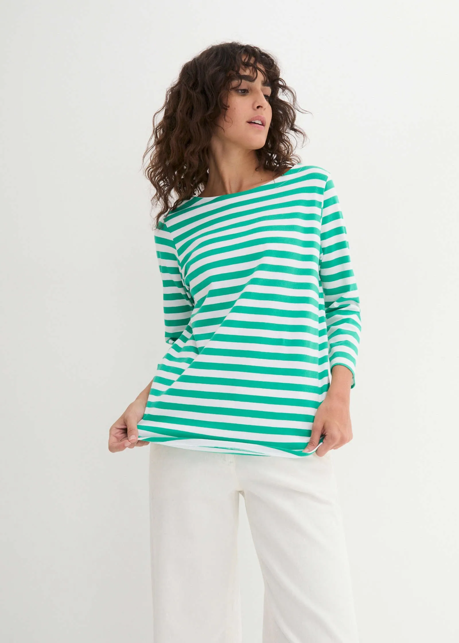Boat Neck Striped Top - White & Jade sold by VENUS