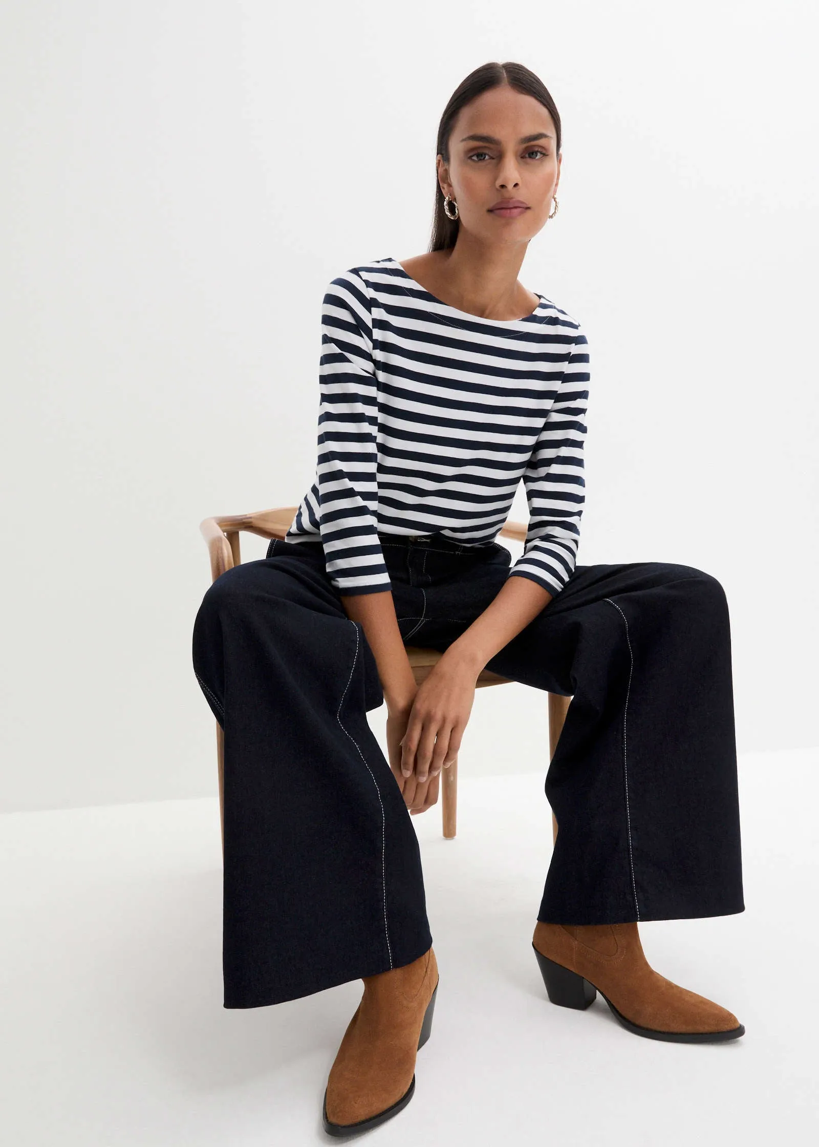 Boat Neck Striped Top - White & Navy Stripe sold by VENUS