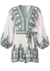 Linen Tie-Waist Romper - White Multi sold by VENUS
