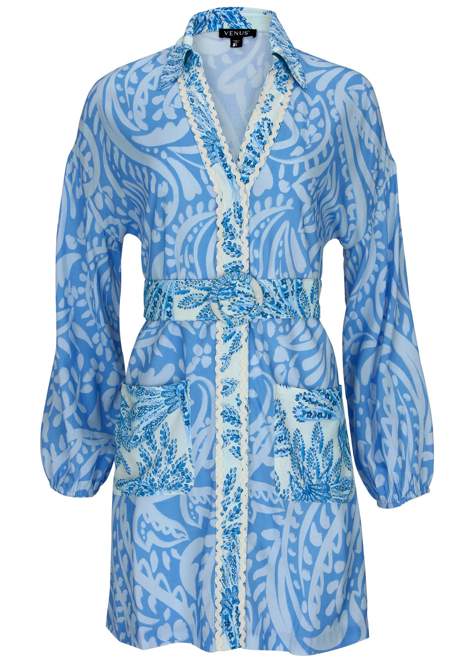 Belted Mini Shirt Dress - Blue Allover Spring Paisley sold by VENUS product image thumbnail 3