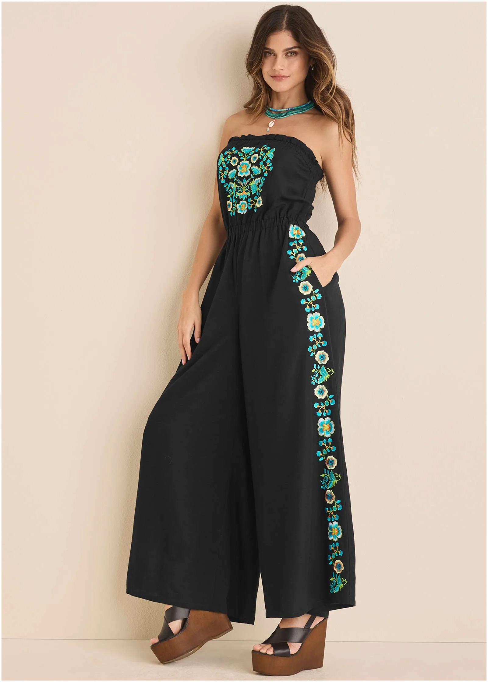 Strapless Linen Jumpsuit - Black & Blue sold by VENUS