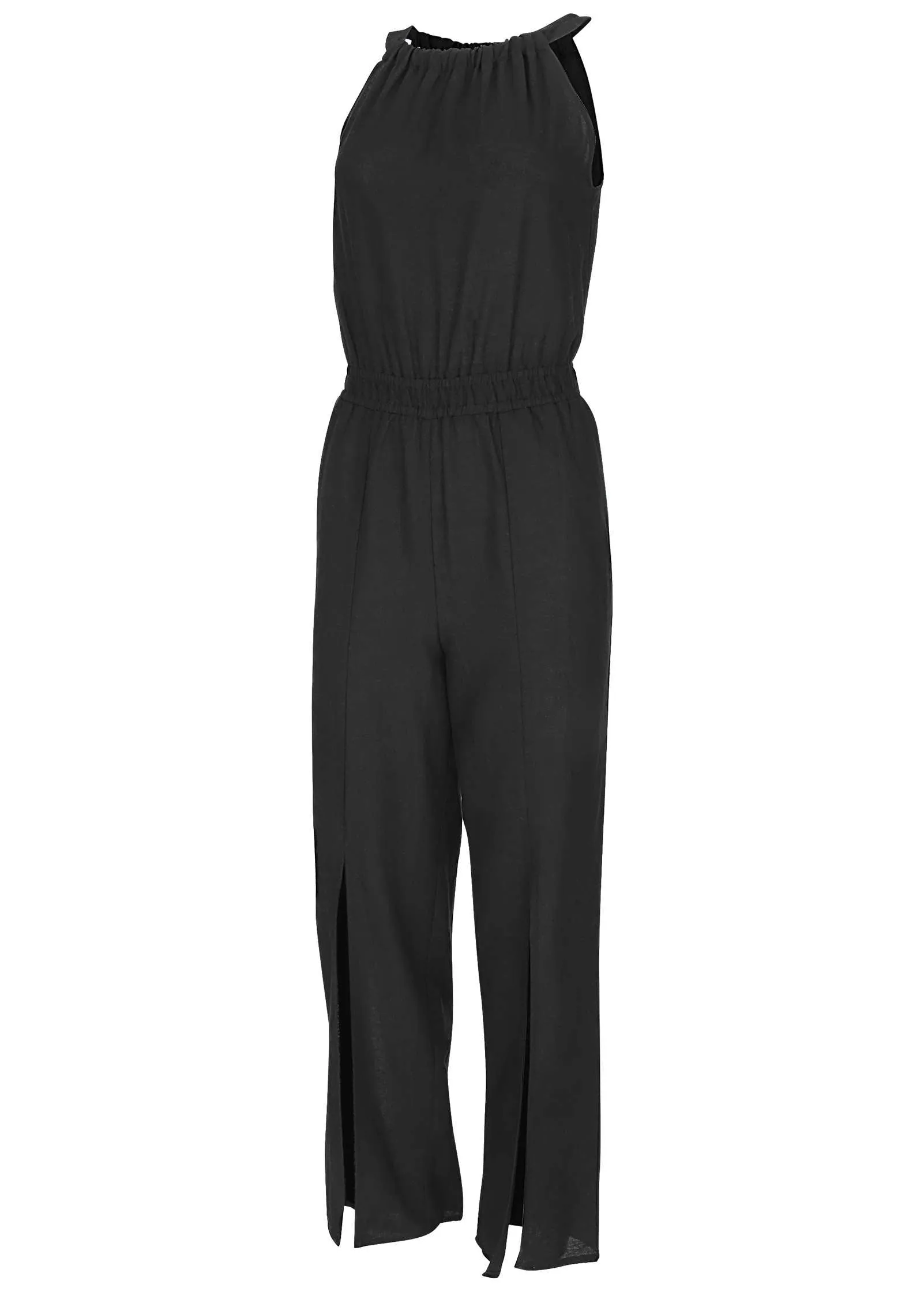Linen Front Slit Jumpsuit - Black sold by VENUS product image thumbnail 4