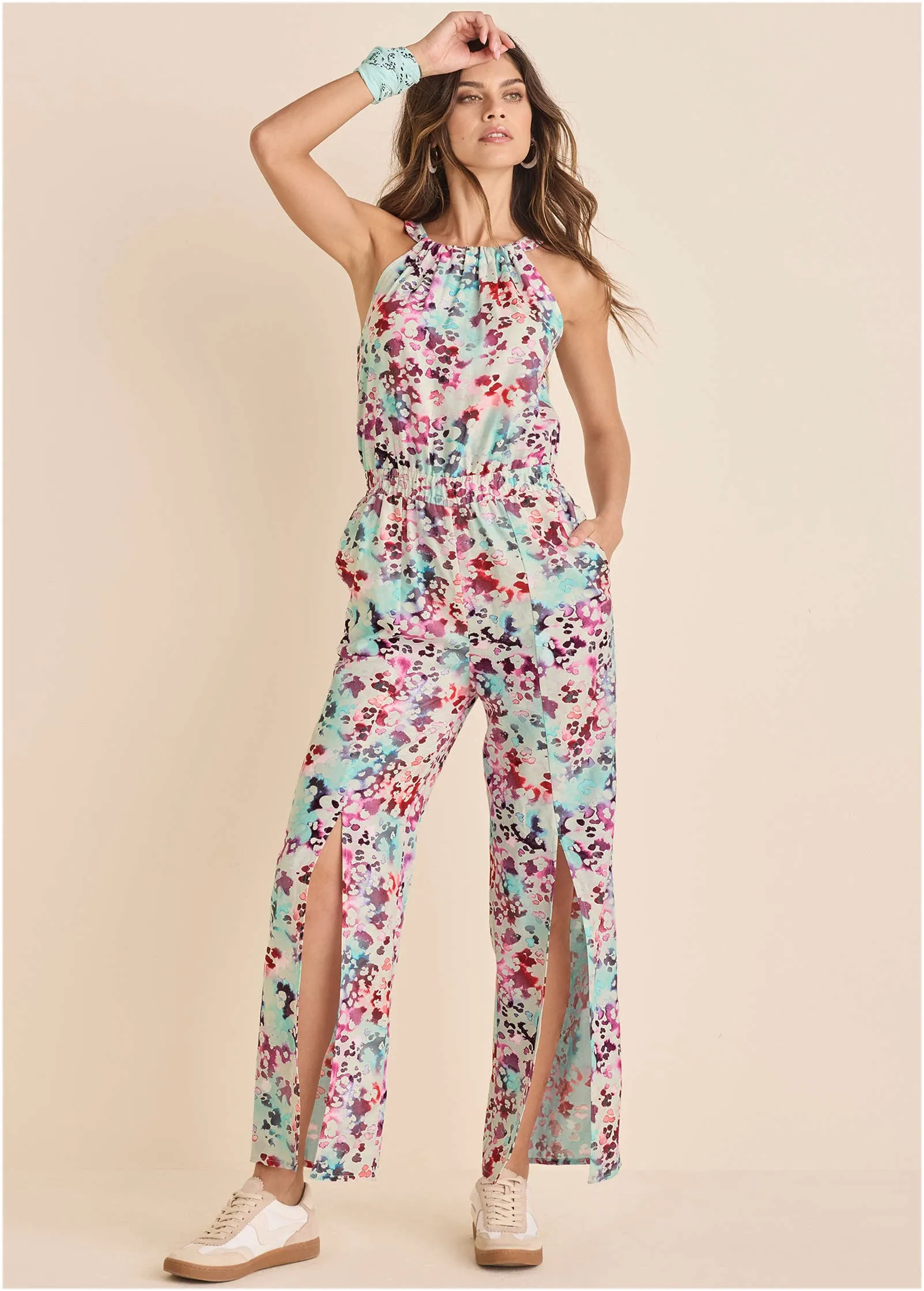 Linen Front Slit Jumpsuit - Gouache Leopard Multi sold by VENUS