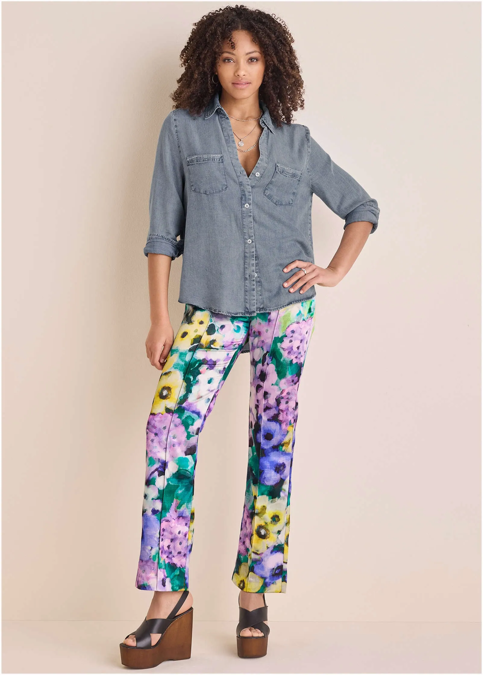 Satin Flare Pant - Monet's Garden sold by VENUS
