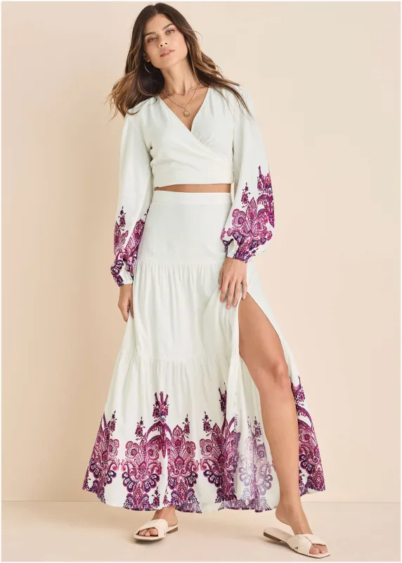 Printed Linen Two-Piece Set - Pink Boho Paisley Border sold by VENUS