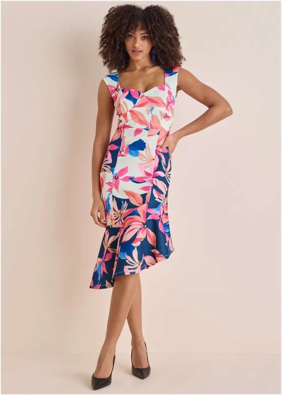 Ruffle Trim Scuba Dress - Flower Wave sold by VENUS