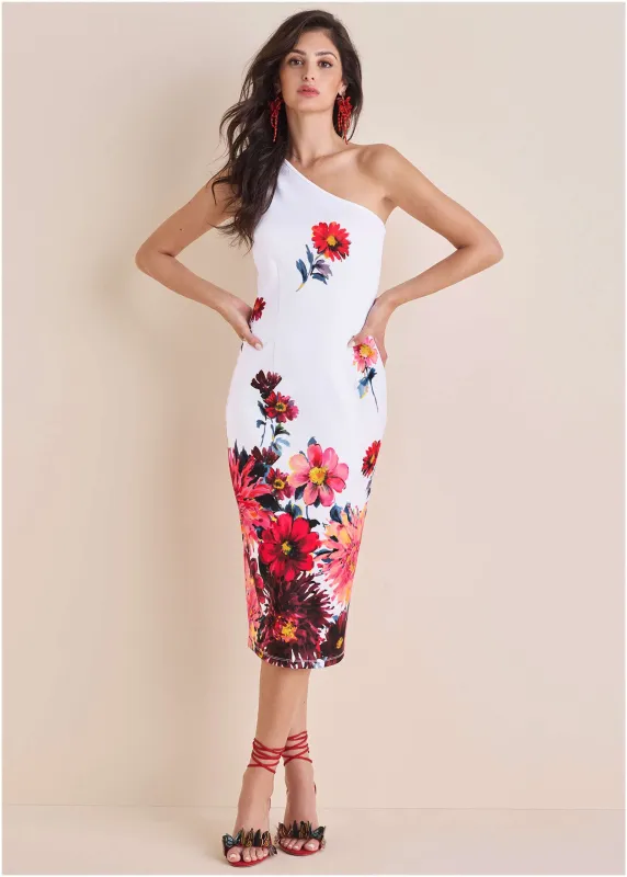 One Shoulder Scuba Dress - Spring Dahlia Border sold by VENUS