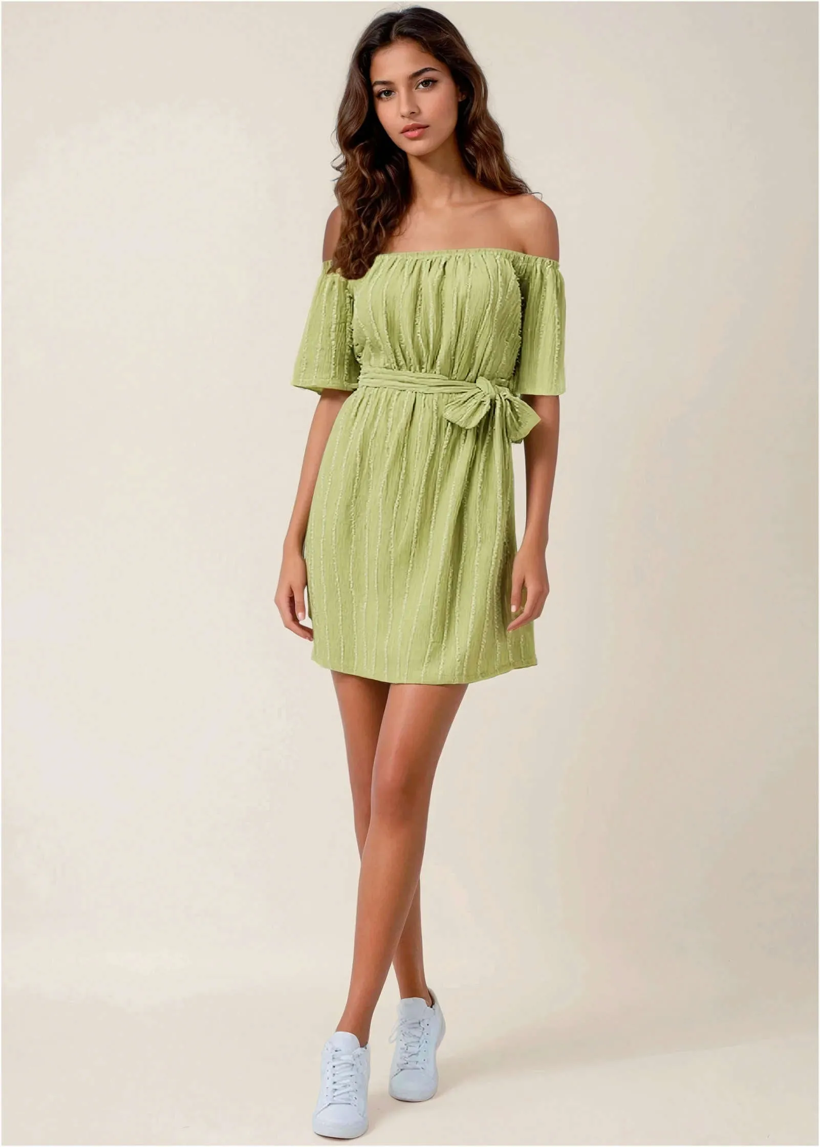 Off-The-Shoulder Mini Dress - Light Green sold by VENUS