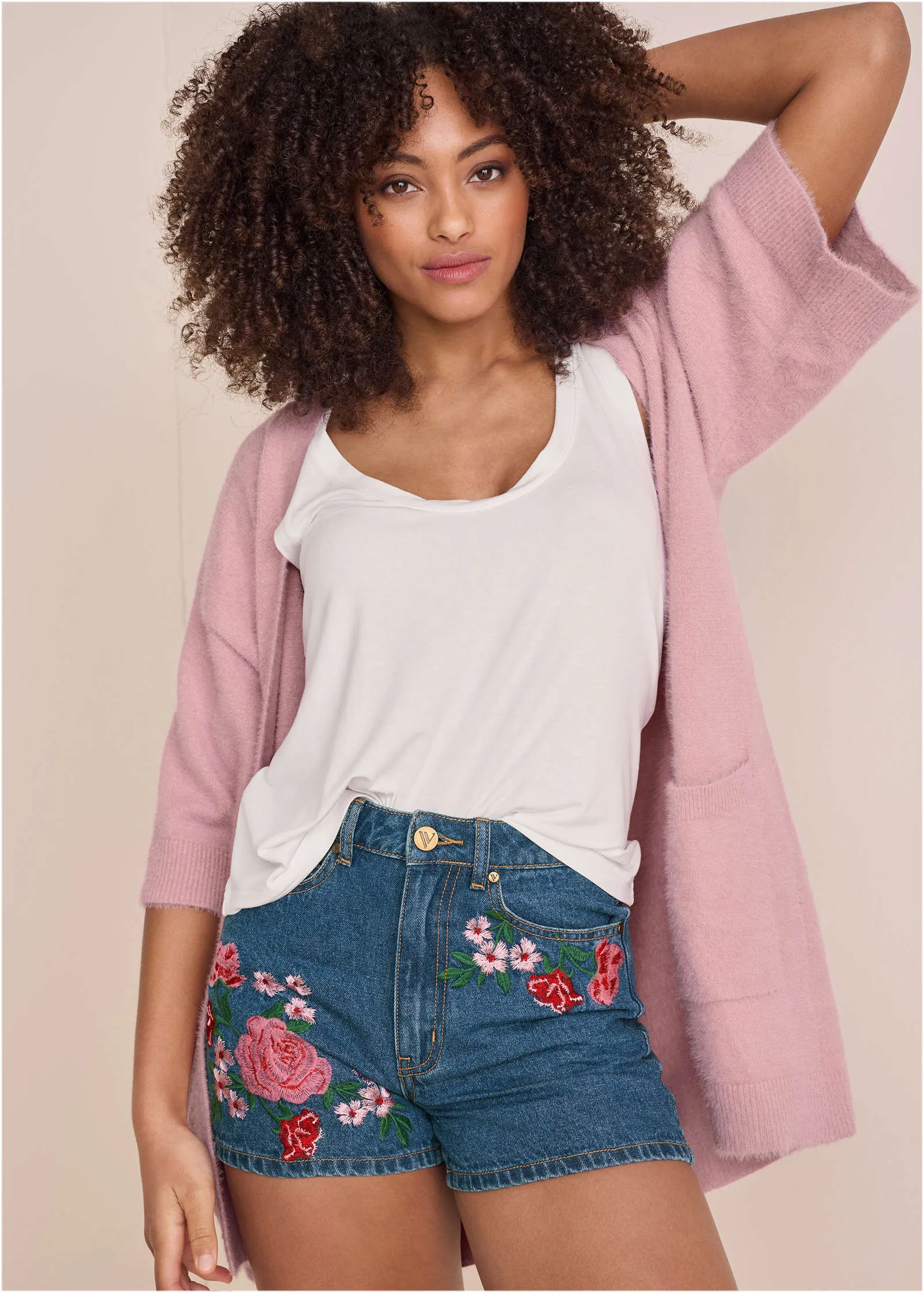 Embroidred Flower Short - Medium Wash sold by VENUS