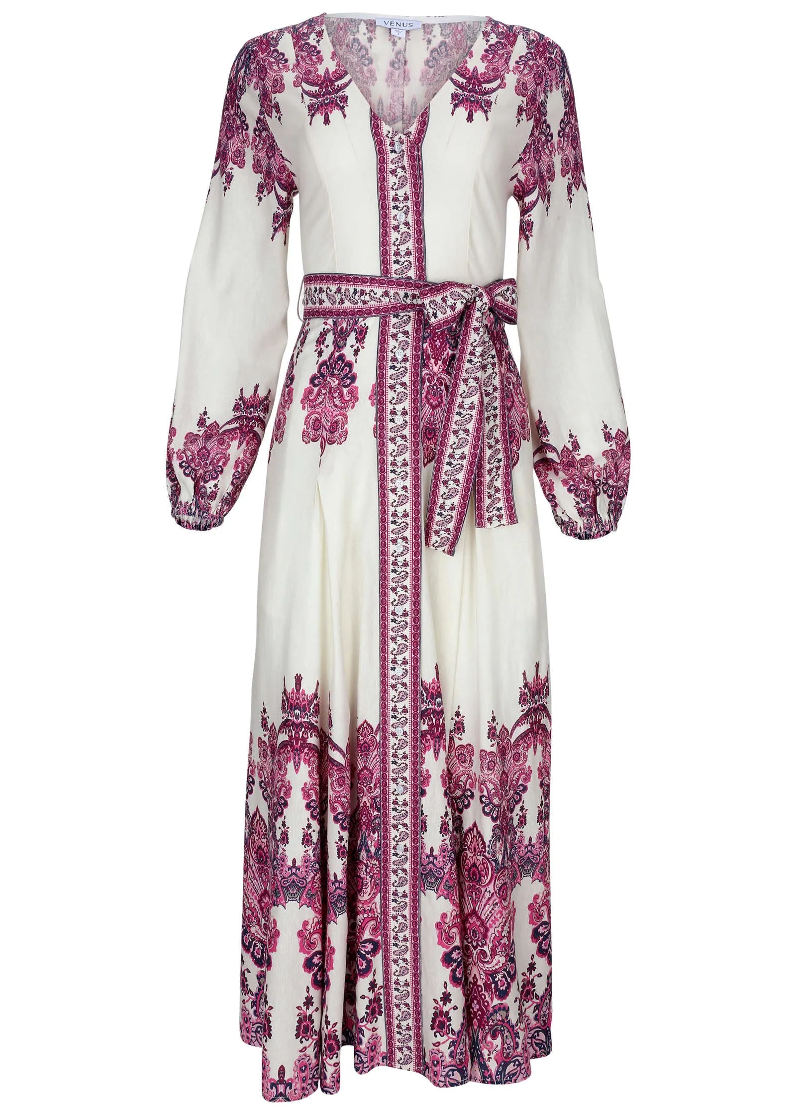 Tie-Waist Maxi Dress - Pink Boho Paisley Border sold by VENUS product image thumbnail 2