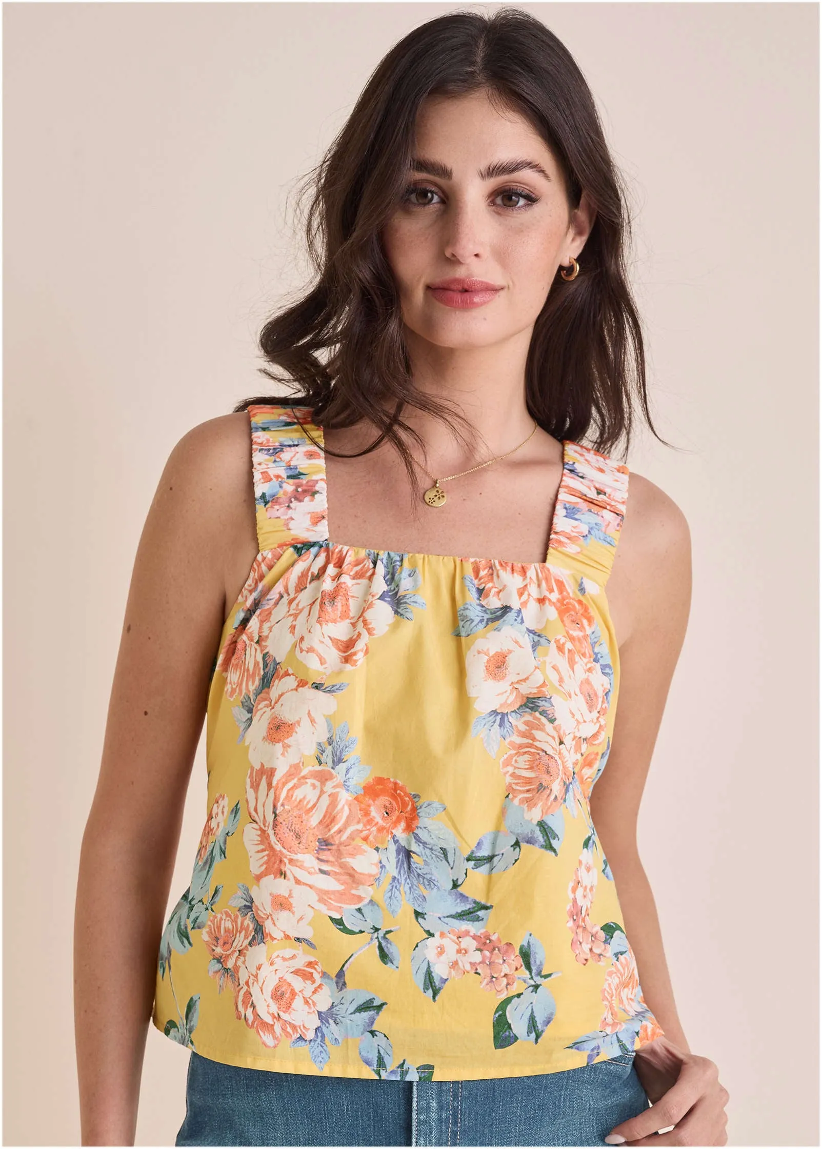 Poplin Printed Tank - Custard Roses sold by VENUS