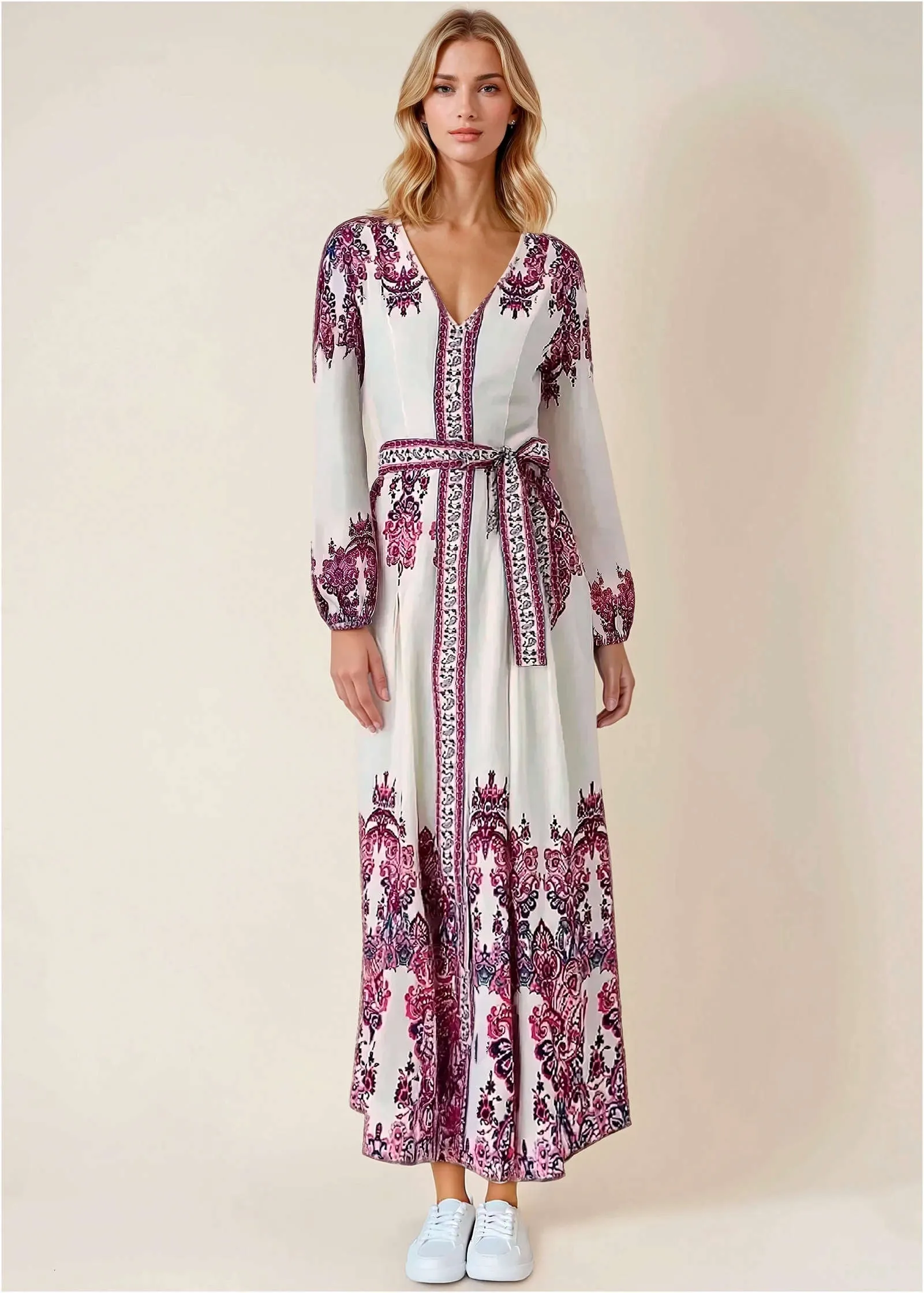 Tie-Waist Linen Maxi Dress - Pink Boho Paisley Border sold by VENUS
