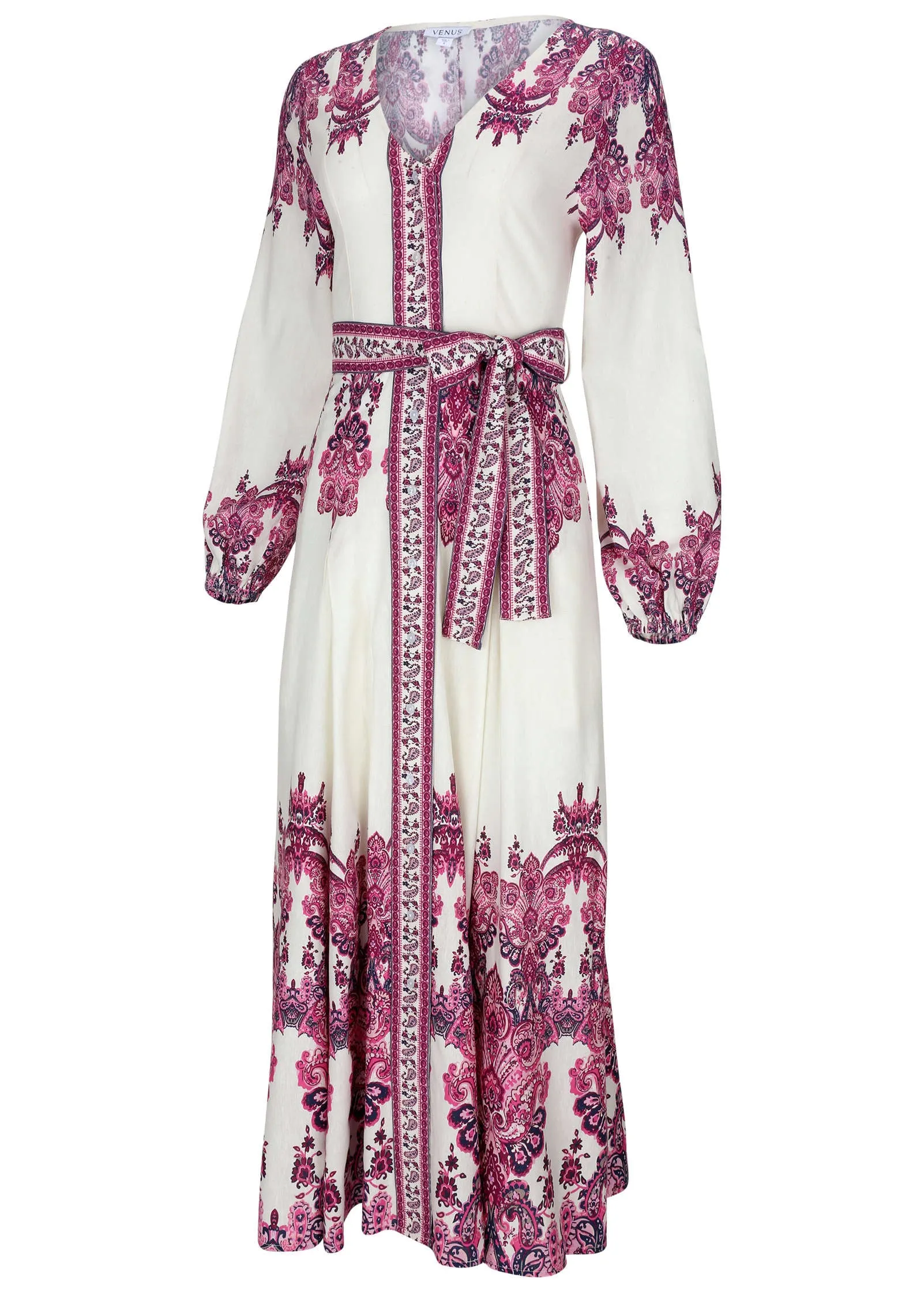 Tie-Waist Linen Maxi Dress - Pink Boho Paisley Border sold by VENUS product image thumbnail 4