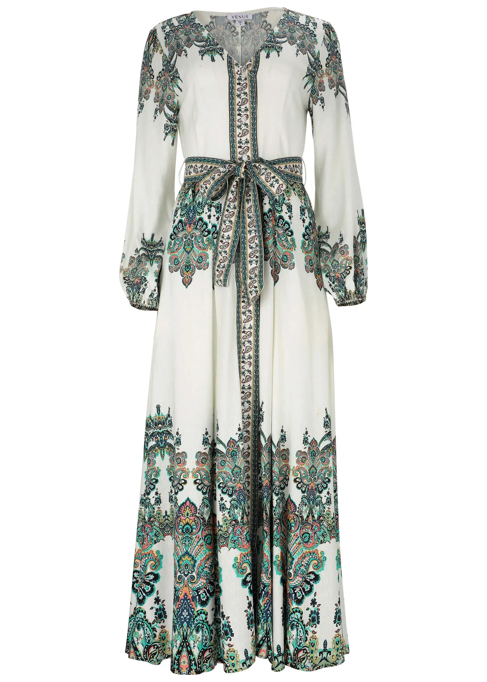 Tie-Waist Linen Maxi Dress - White Multi sold by VENUS product image thumbnail 3