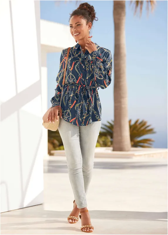 Button Down Blouse - Navy Multi sold by VENUS