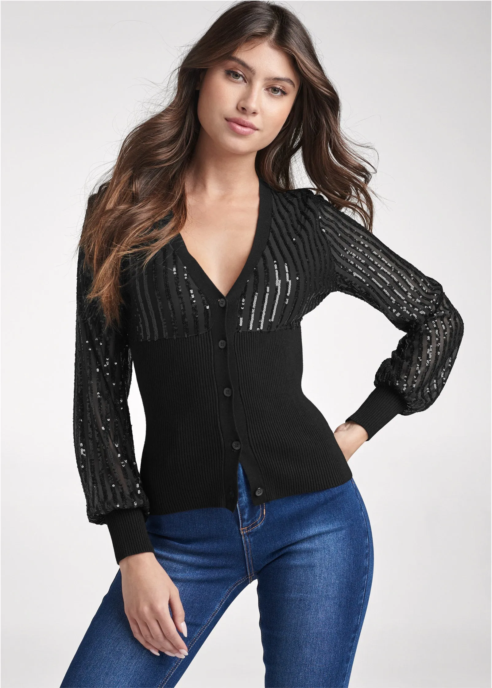 Banded Bottom Sequin Cardigan - Black sold by VENUS