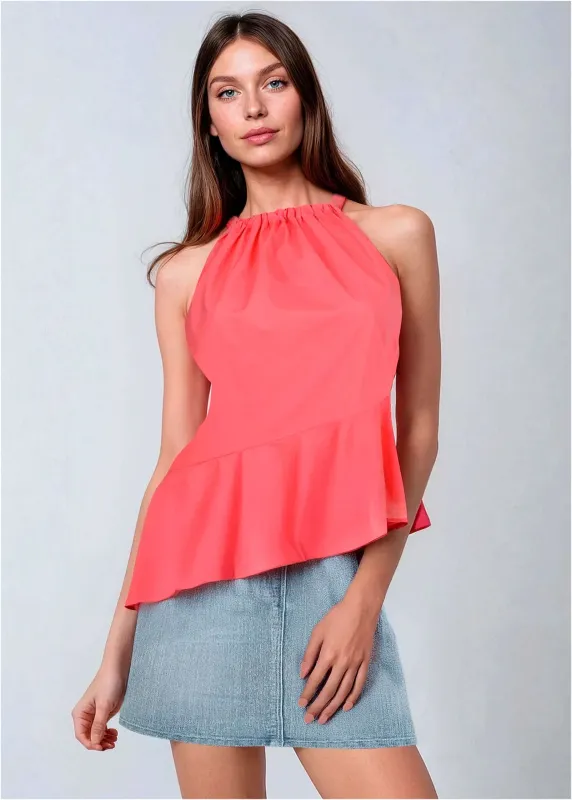 Poplin Ruffle Hem Tank  - Coral sold by VENUS