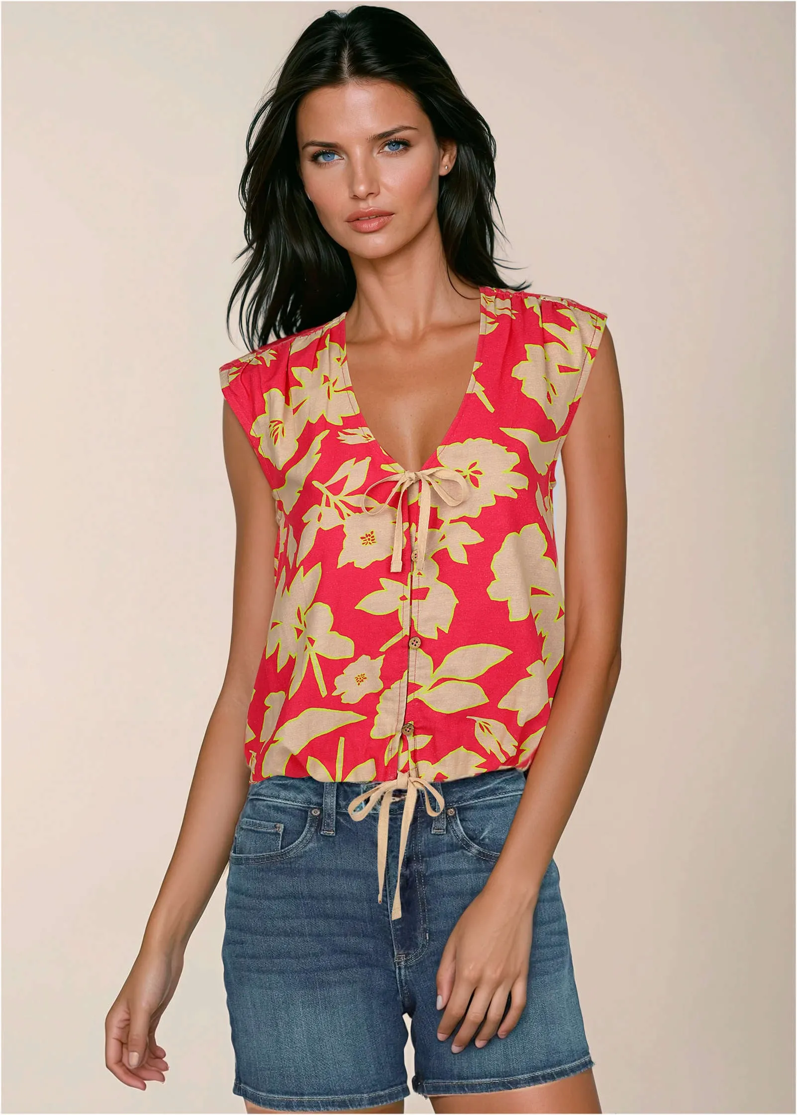 Linen V-Neck Tank - Warm Block Floral sold by VENUS