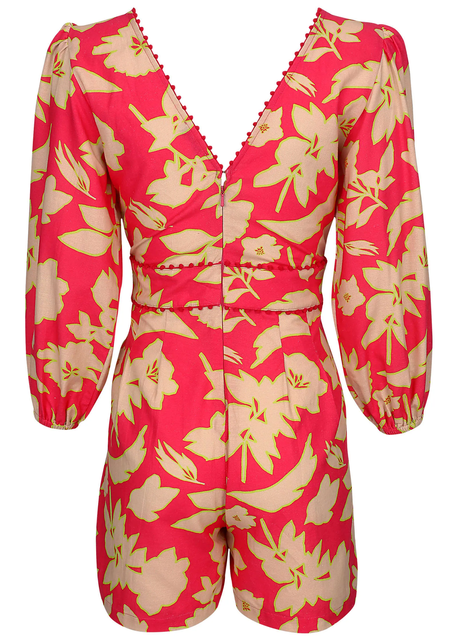 Linen Balloon Sleeve Romper - Warm Block Floral sold by VENUS product image thumbnail 3