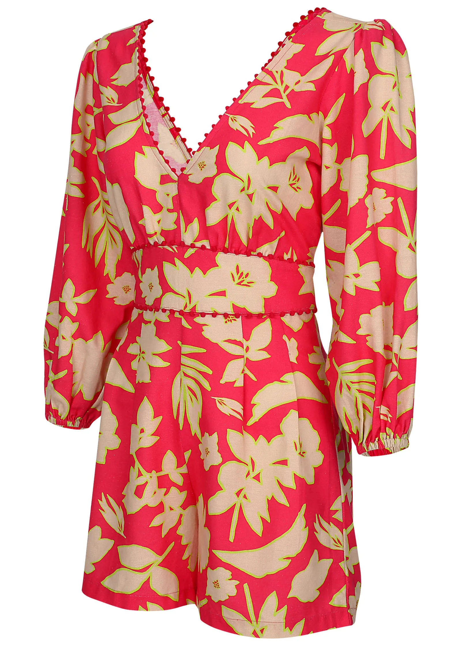 Linen Balloon Sleeve Romper - Warm Block Floral sold by VENUS product image thumbnail 4