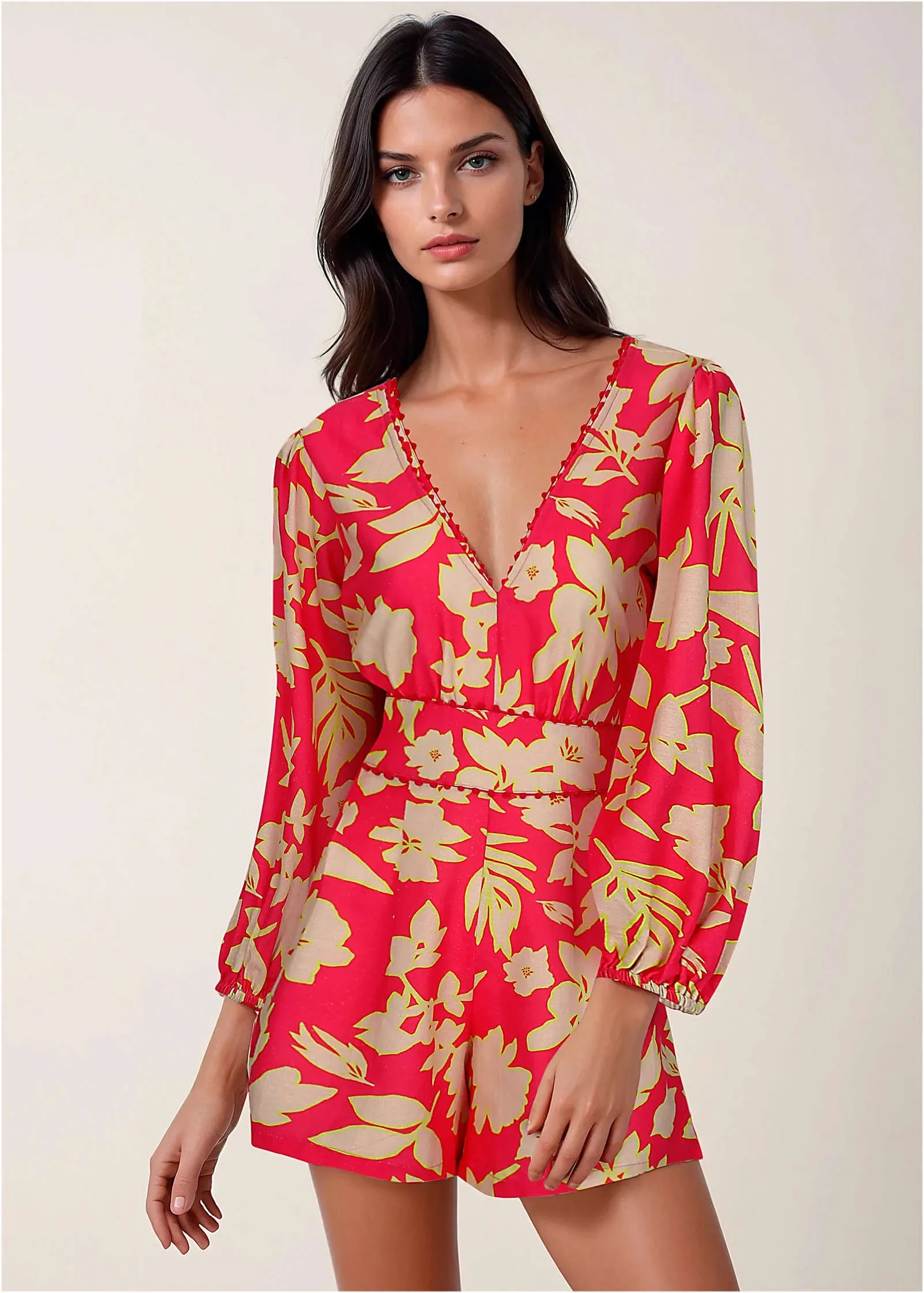 Linen Balloon Sleeve Romper - Warm Block Floral sold by VENUS