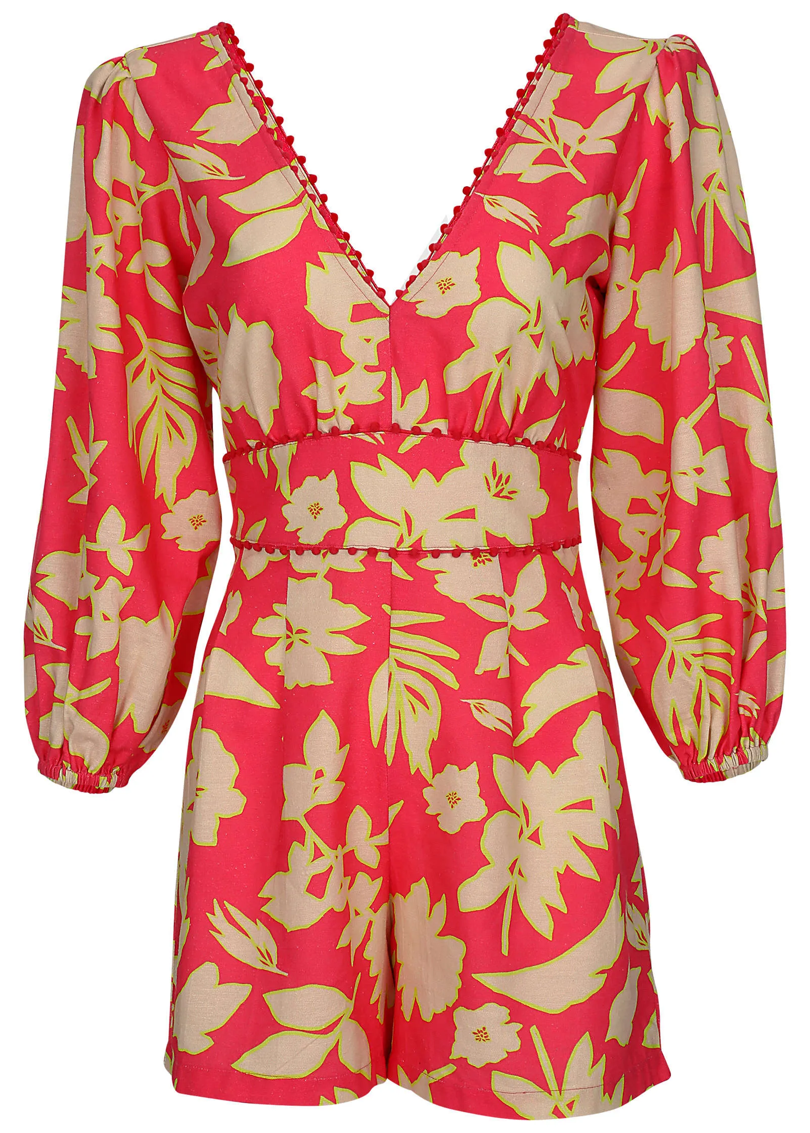 Linen Balloon Sleeve Romper - Warm Block Floral sold by VENUS product image thumbnail 2