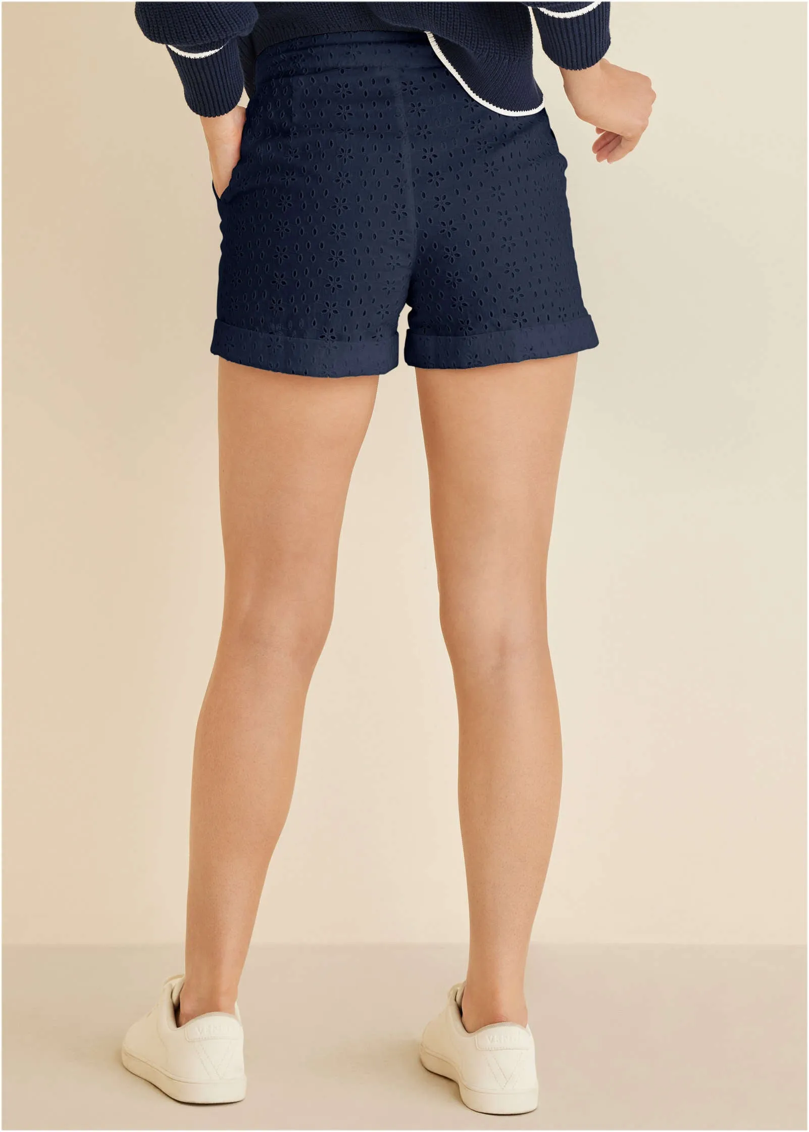 Eyelet Cuffed Button Shorts - Navy sold by VENUS product image thumbnail 4