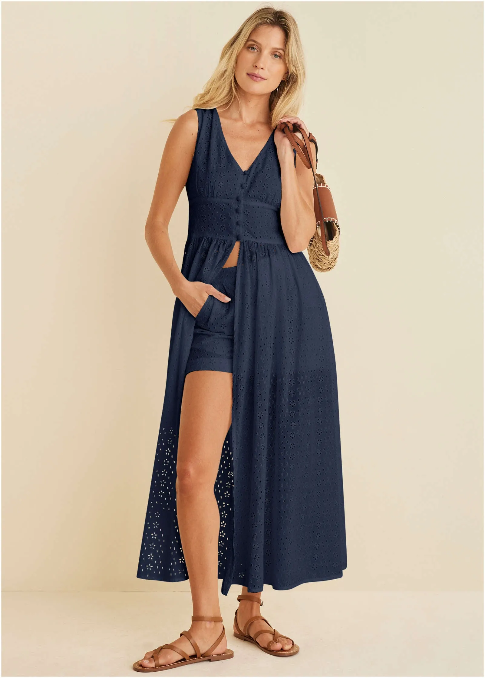 Eyelet Cuffed Button Shorts - Navy sold by VENUS product image thumbnail 2