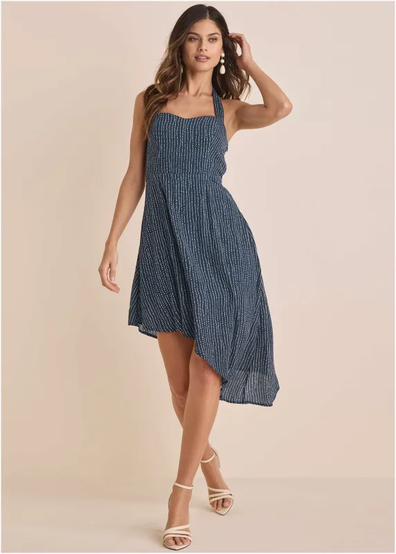 Halter High-Low Dress - Navy Dot Stripe sold by VENUS