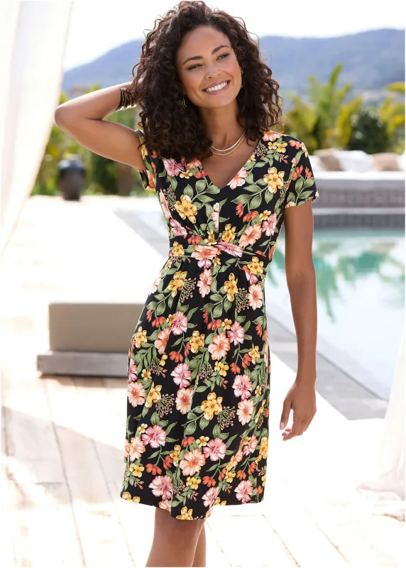 Printed Surplice Dress - Black Multi made by VENUS