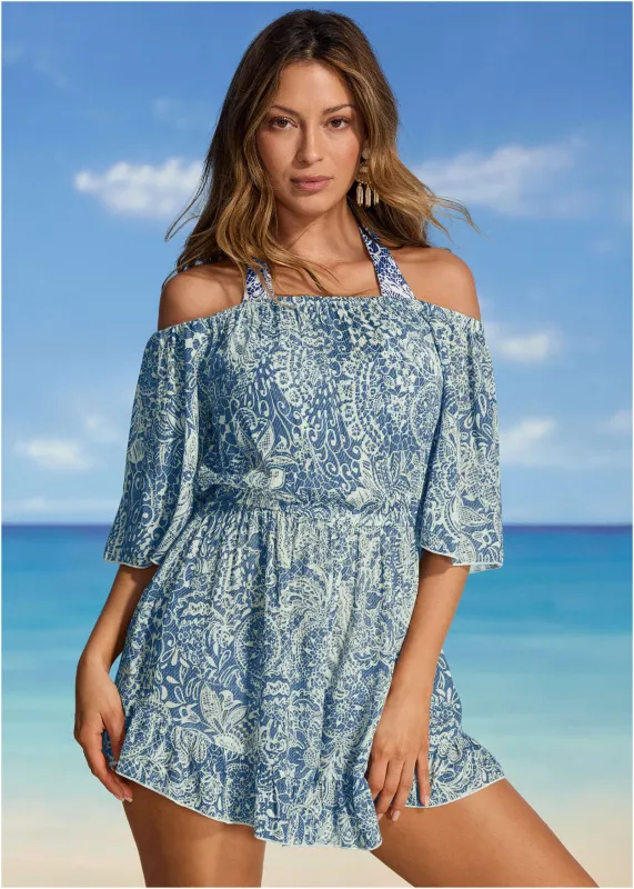 Flirty Cover-Up Romper - Denim Anglaise Paisley sold by VENUS