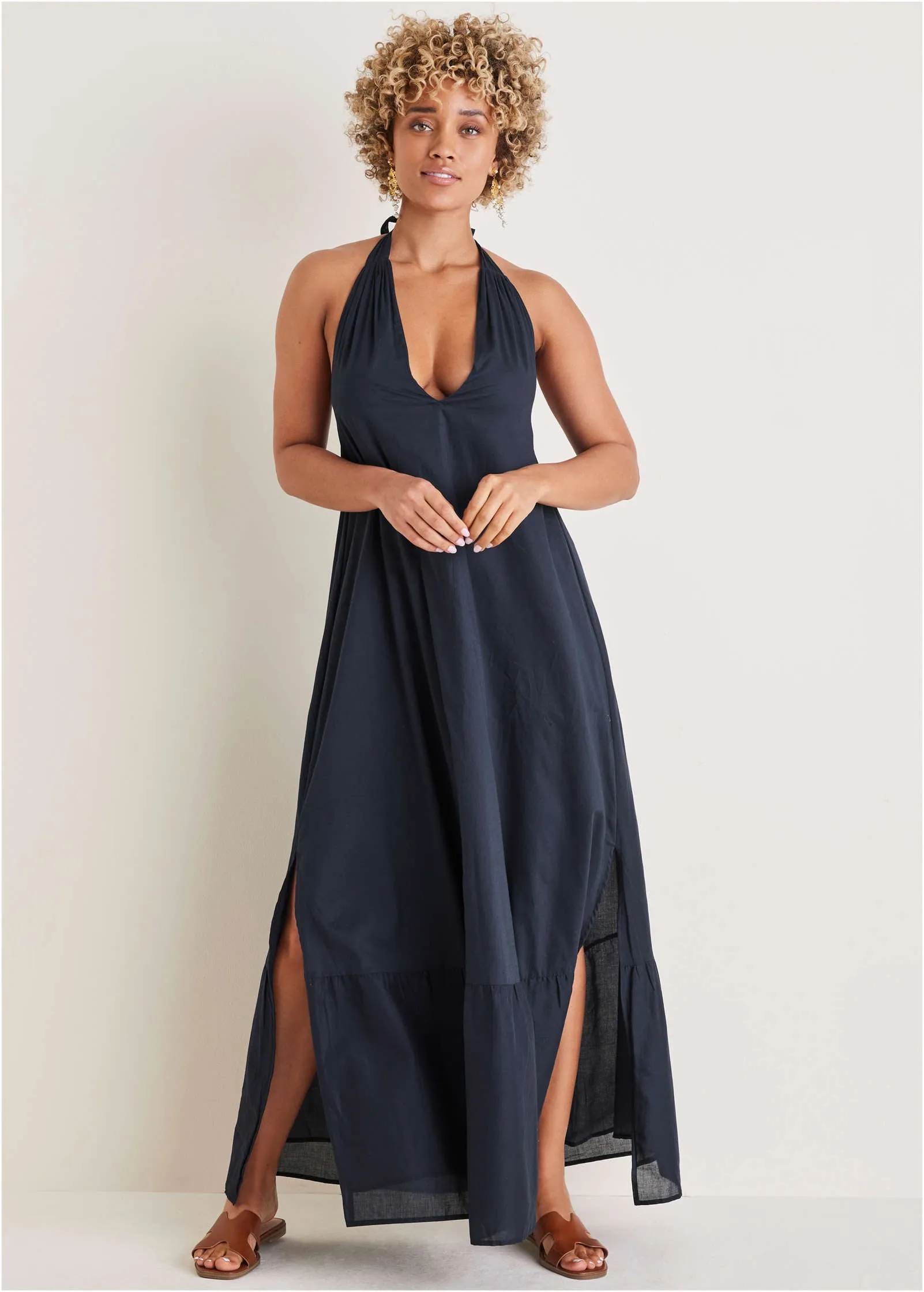 Deep V Halter Maxi Dress - Navy sold by VENUS