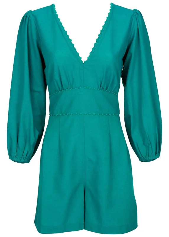 Linen Balloon Sleeve Romper - Tropical Green sold by VENUS