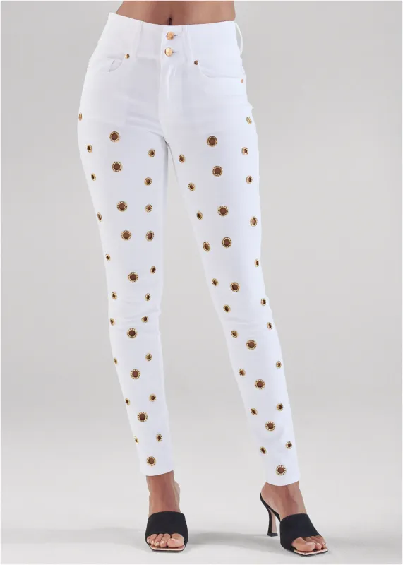 Grommet Detail Skinny Jeans - White Denim sold by VENUS