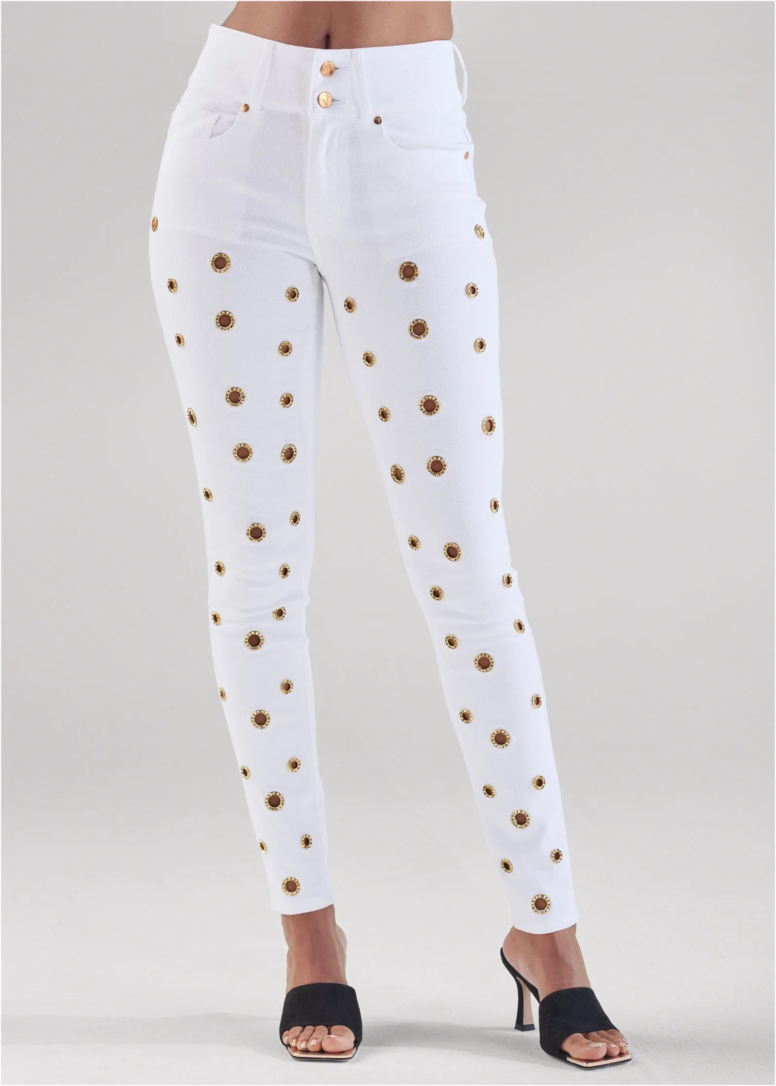 Grommet Detail Skinny Jeans - White Denim sold by VENUS