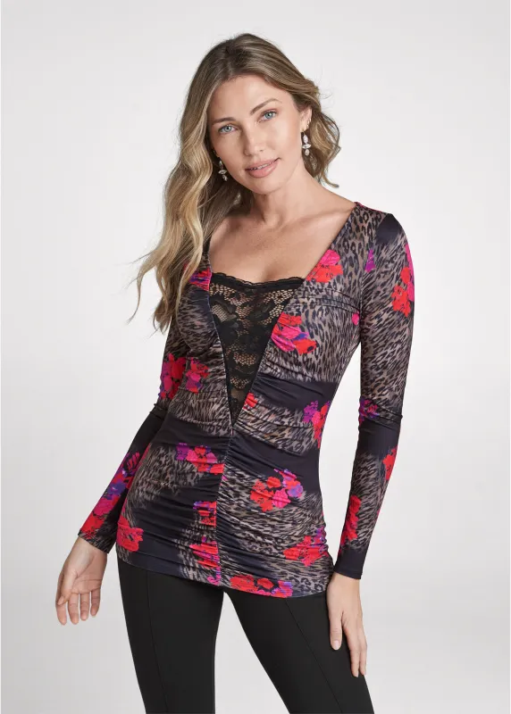 Animal And Floral Print Lace Top - Black Multi sold by VENUS