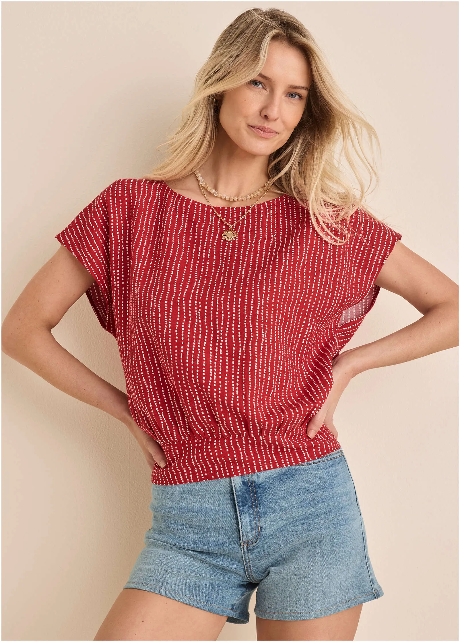 Printed Linen Top - Red Dot Stripe sold by VENUS