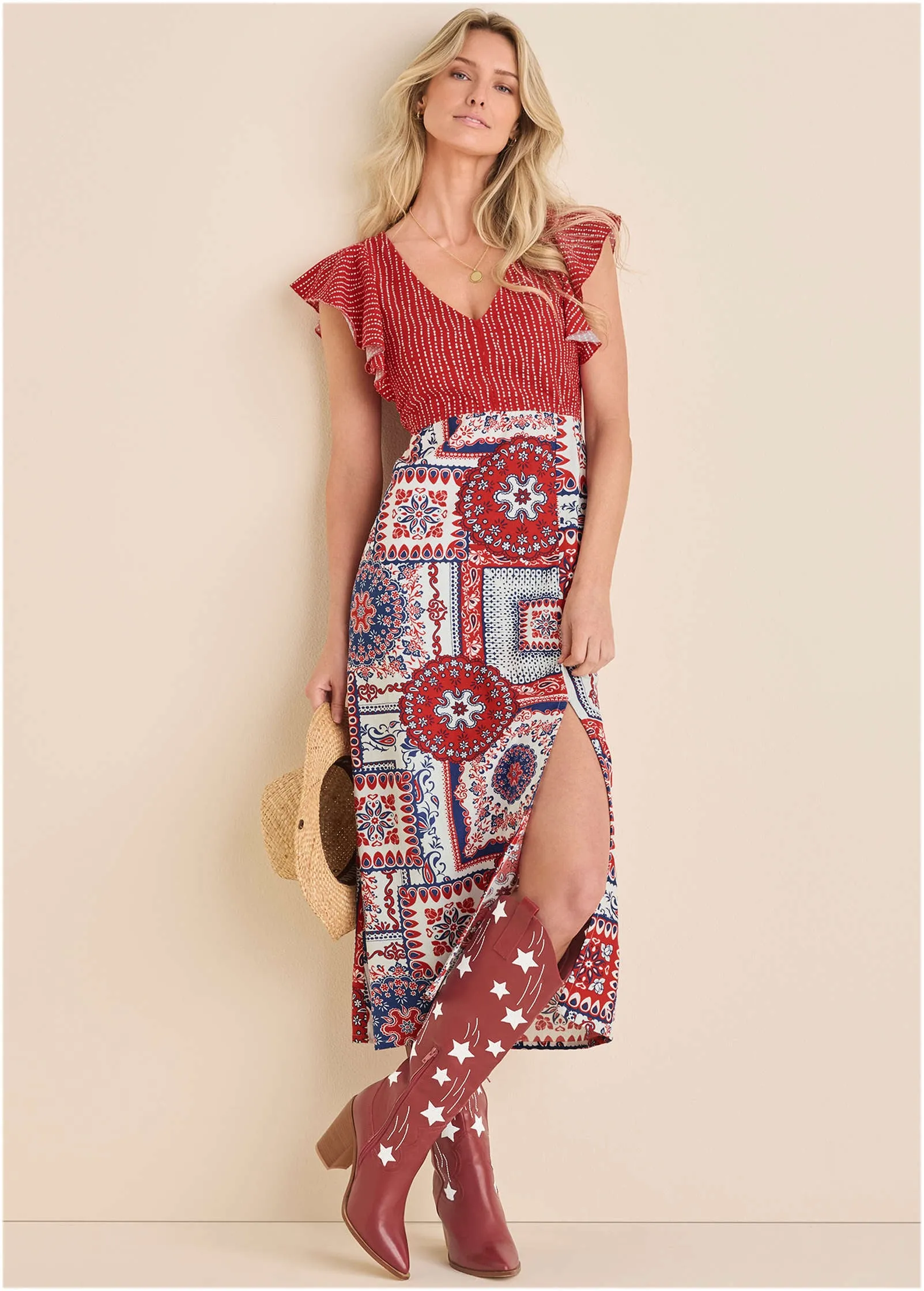 Linen V-Neck Maxi Dress - Heritage Bandana Medley sold by VENUS