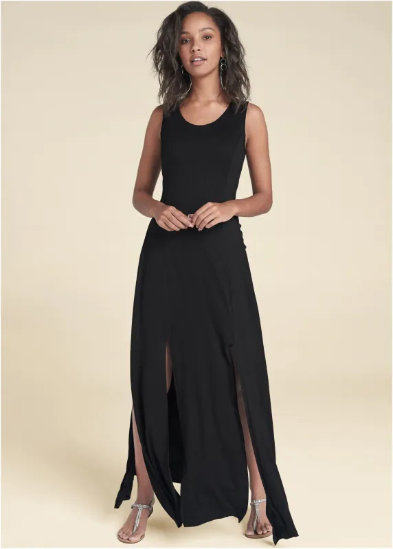 High Slit Casual Maxi Dress - Black sold by VENUS