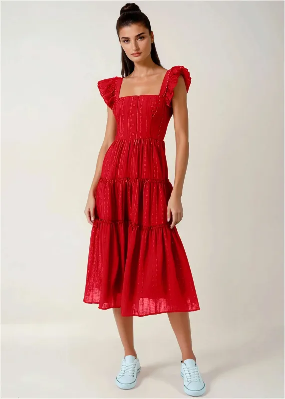 Textured Ruffle Maxi Dress - Red sold by VENUS