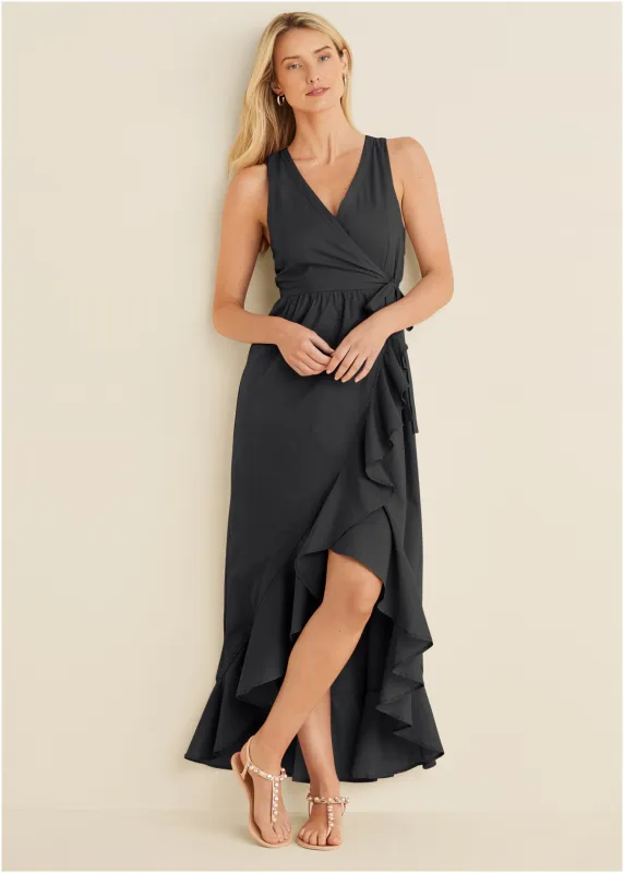 Ruffle High-Low Wrap Dress - Black sold by VENUS